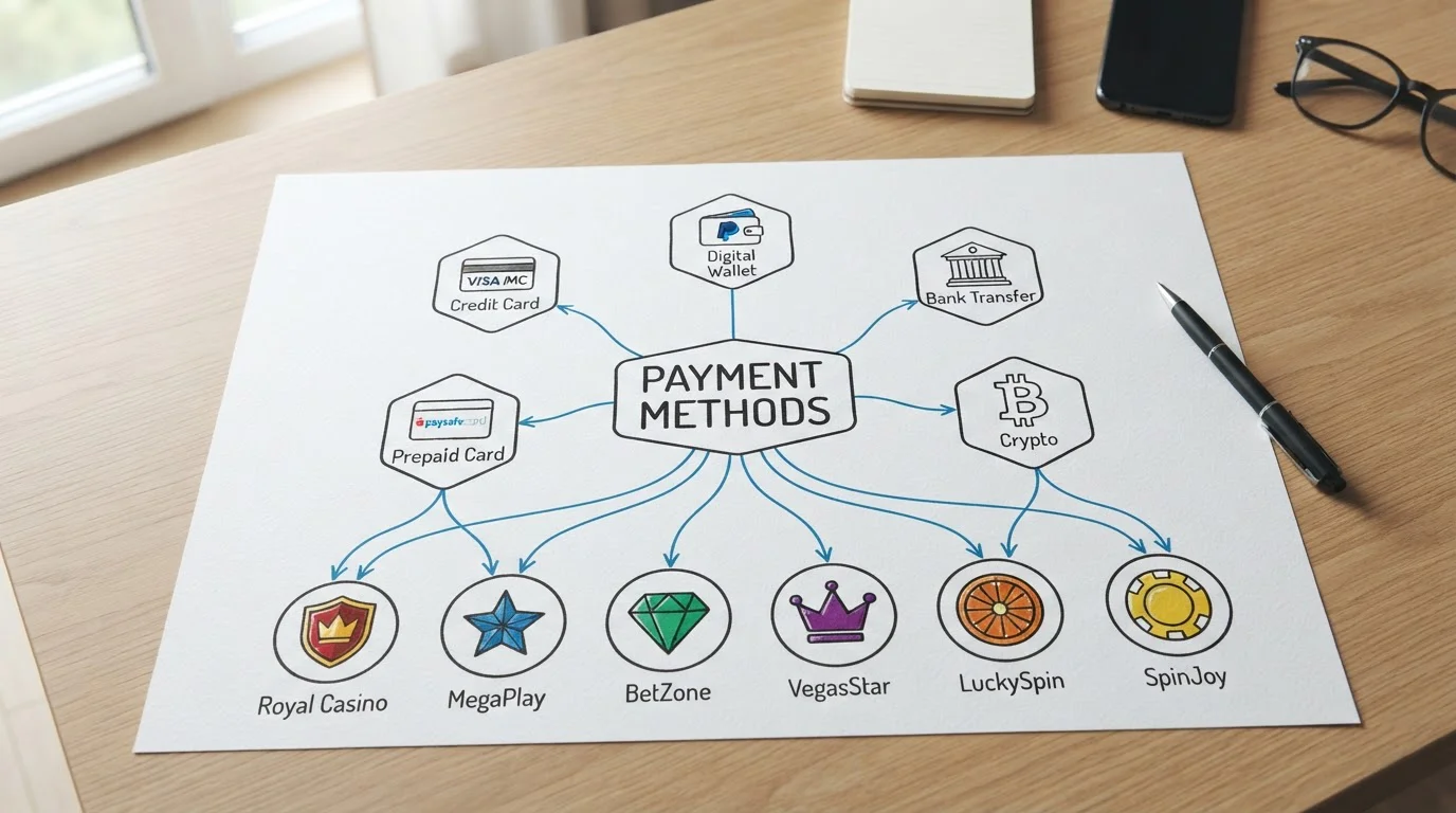 Mapa mental con ramificaciones de métodos de pago conectando a logos de casinos online