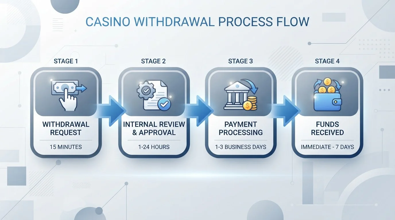 Diagrama de flujo mostrando las cuatro fases de una retirada en casino online con tiempos aproximados