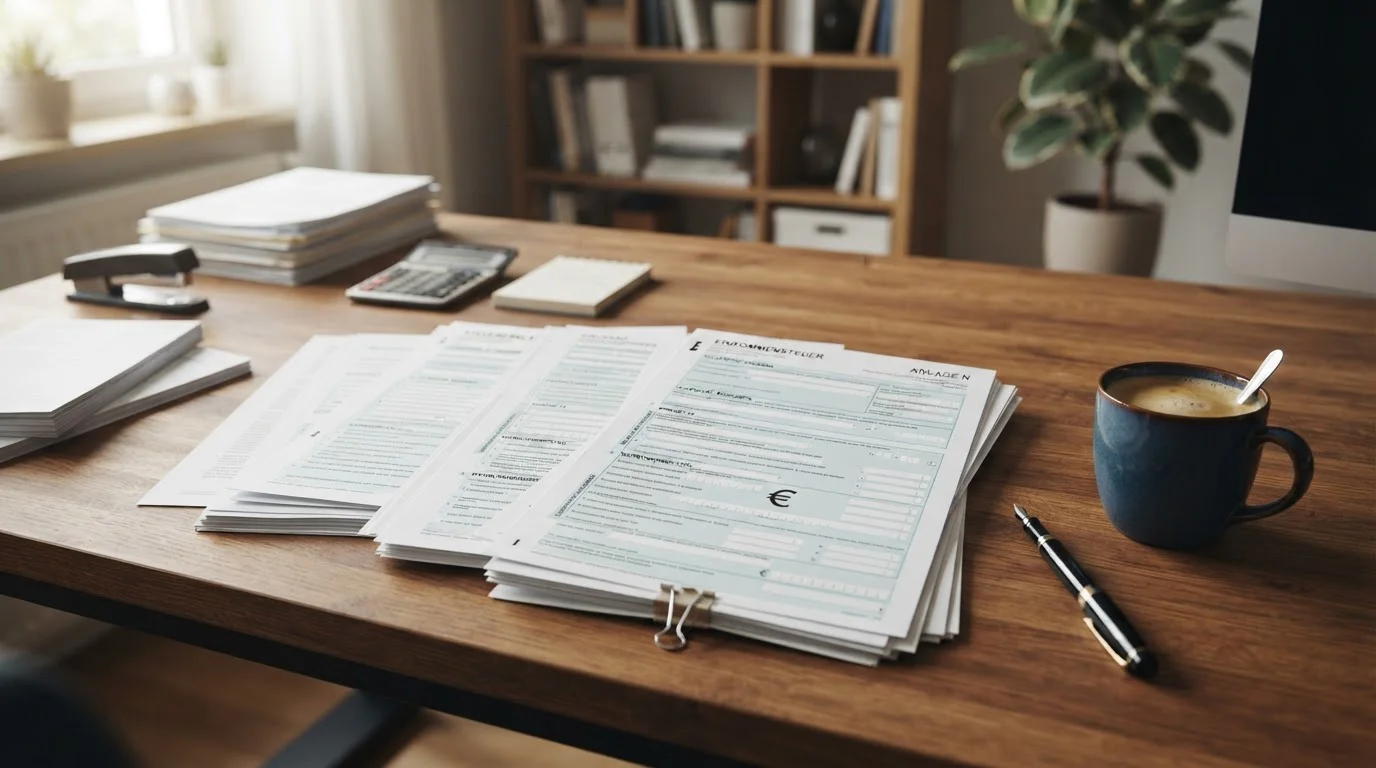 Escritorio con documentos fiscales y símbolos de euro sobre fondo neutro