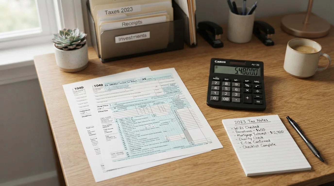 Documento fiscal con calculadora y anotaciones sobre criptomonedas y declaración de impuestos