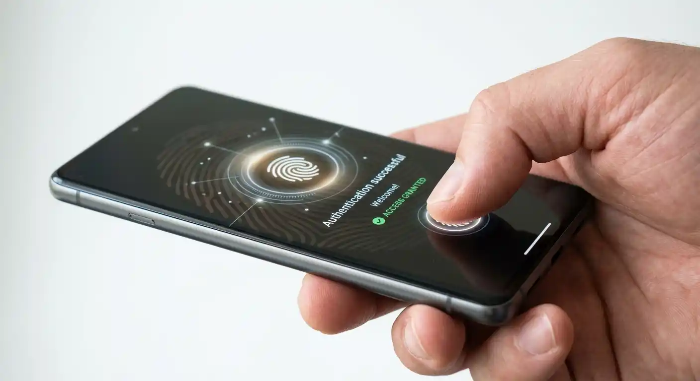 Dedo tocando sensor de huella digital en smartphone Android con interfaz de autenticación