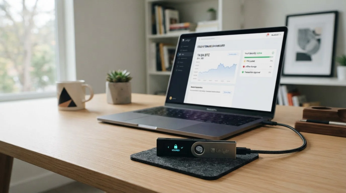 Hardware wallet Ledger sobre mesa junto a laptop mostrando pantalla de seguridad de criptomonedas