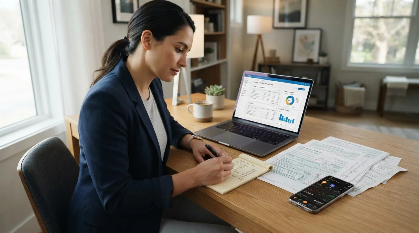 Persona usando laptop con calculadora revisando documentos fiscales de criptomonedas