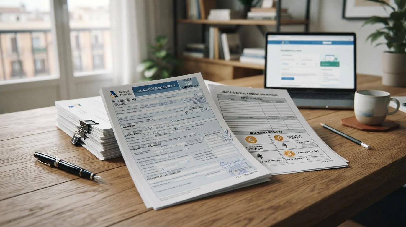 Documentos de declaración de la renta con símbolo de euro y criptomonedas