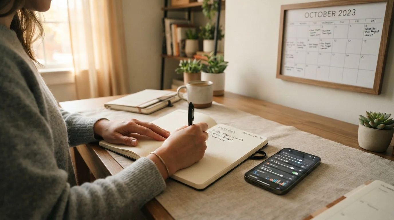 Manos escribiendo en cuaderno con smartphone mostrando controles deslizantes de límites y calendario visible