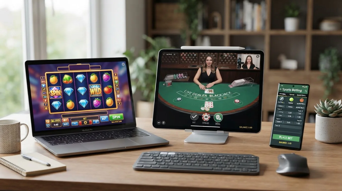Collage de pantallas de casino en vivo, tragaperras y apuestas deportivas en dispositivos móviles