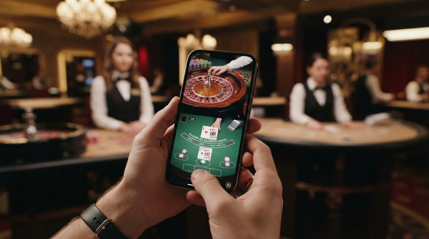 Mesa de casino en vivo con ruleta y blackjack en pantalla de dispositivo móvil moderno