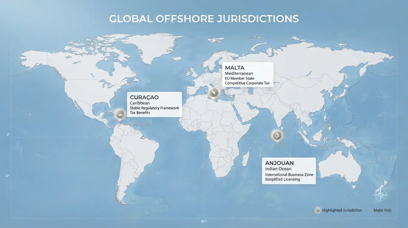 Mapa conceptual mostrando jurisdicciones offshore: Curaçao, Malta, Anjouan