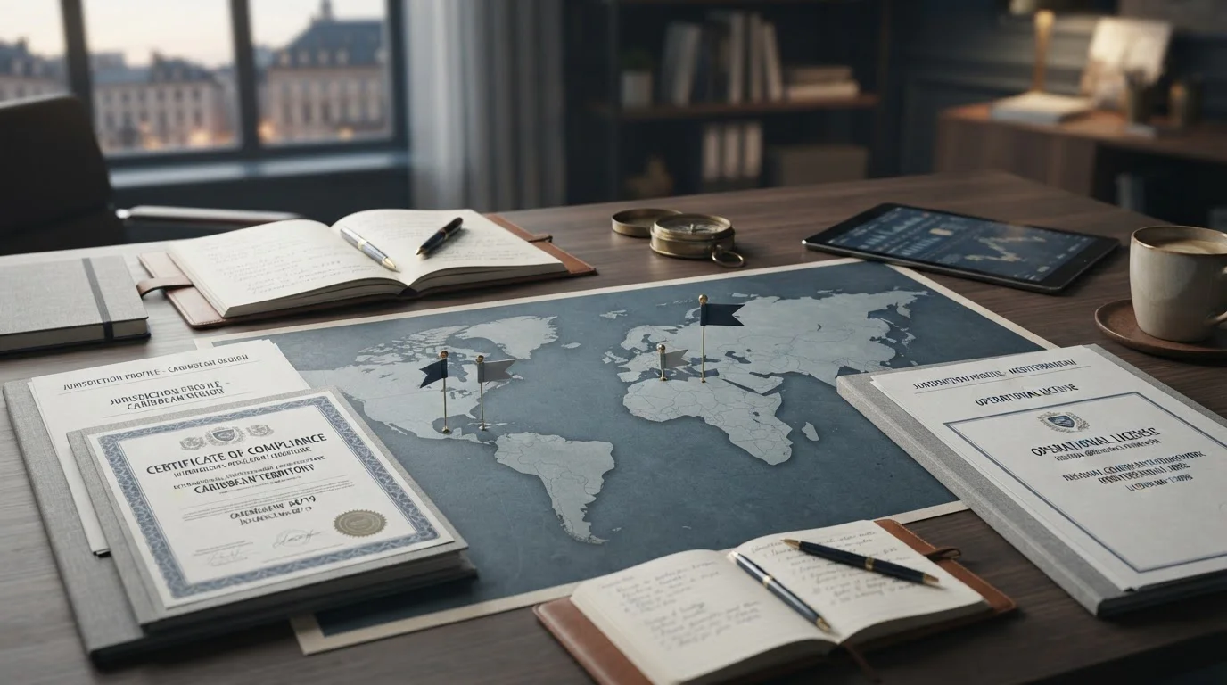 Mapa visual de jurisdicciones offshore: Curaçao, Malta, Anjouan con símbolos de licencias
