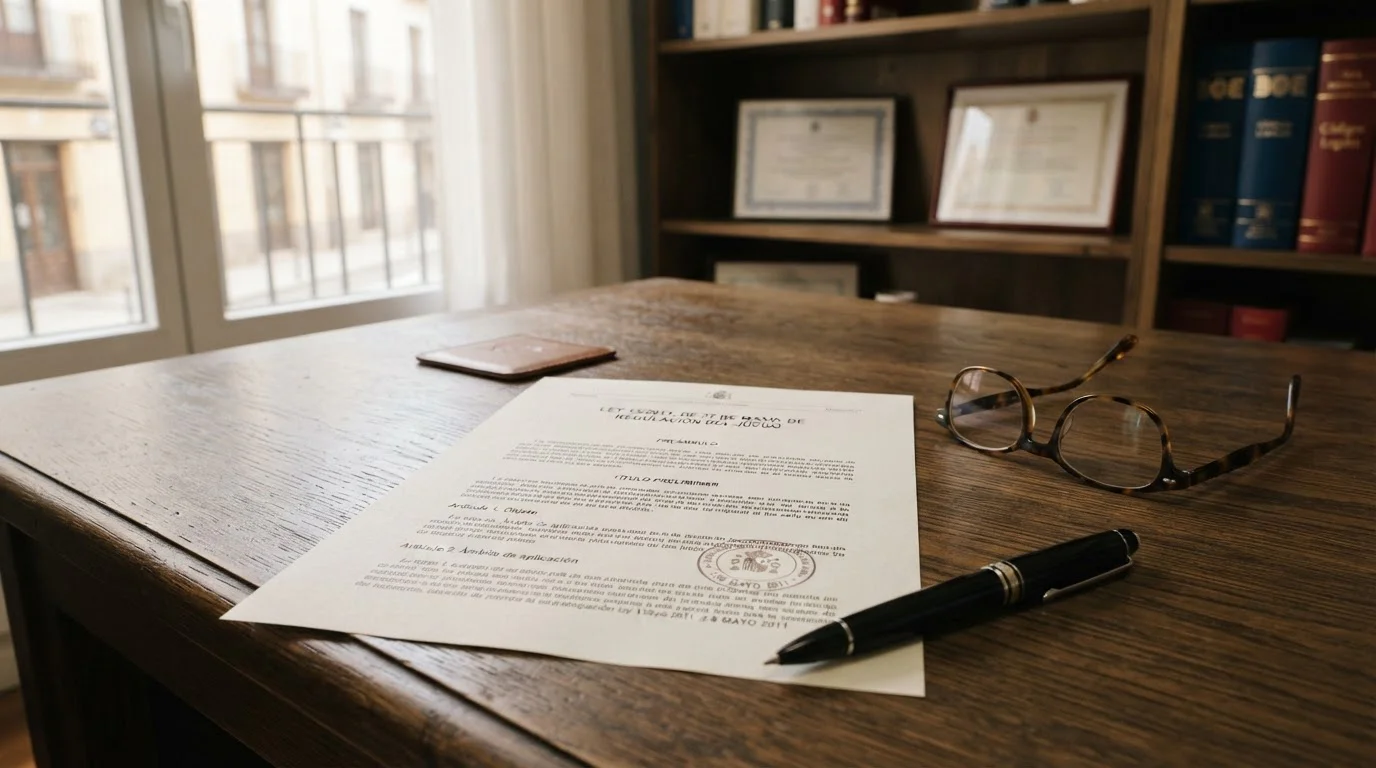Documento legal español mostrando Ley 13/2011 con sello oficial sobre un escritorio