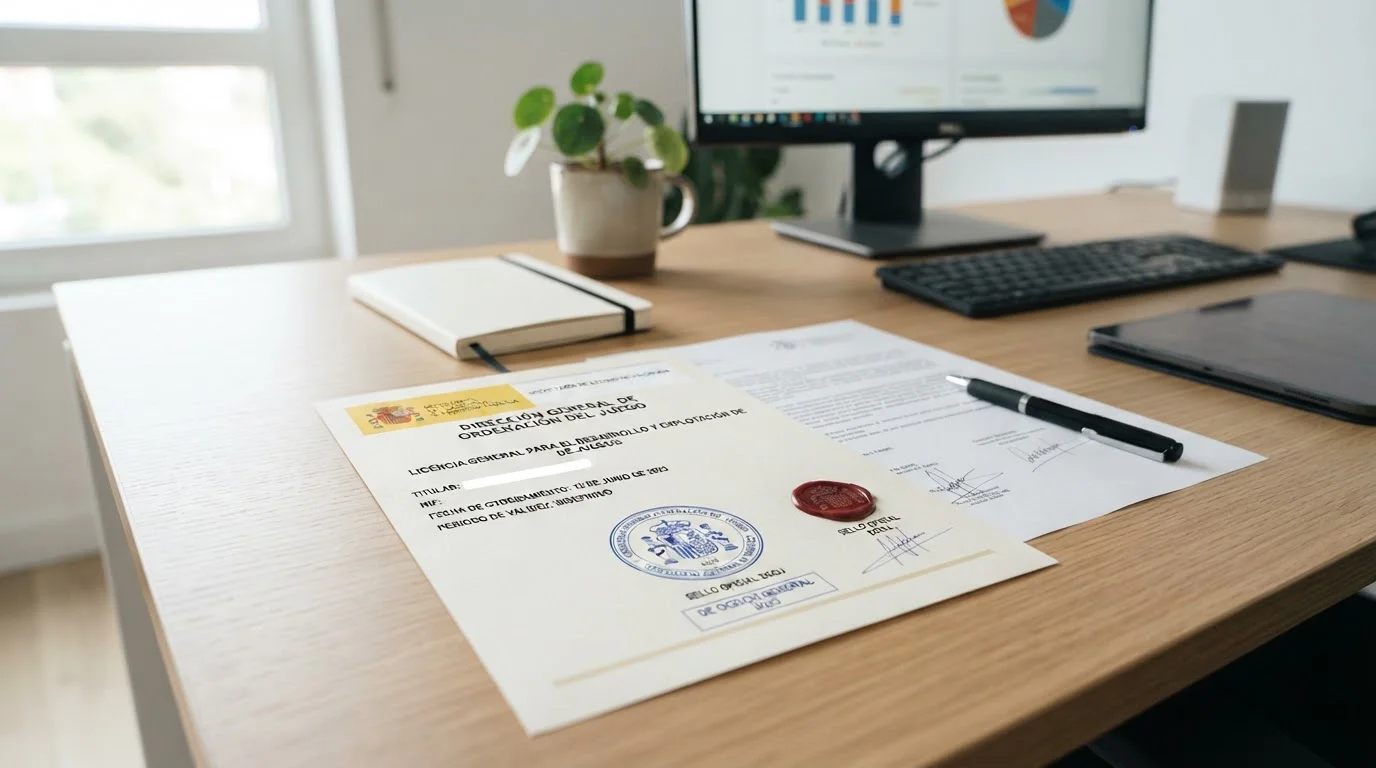 Documentos de licencia DGOJ con sello oficial sobre escritorio