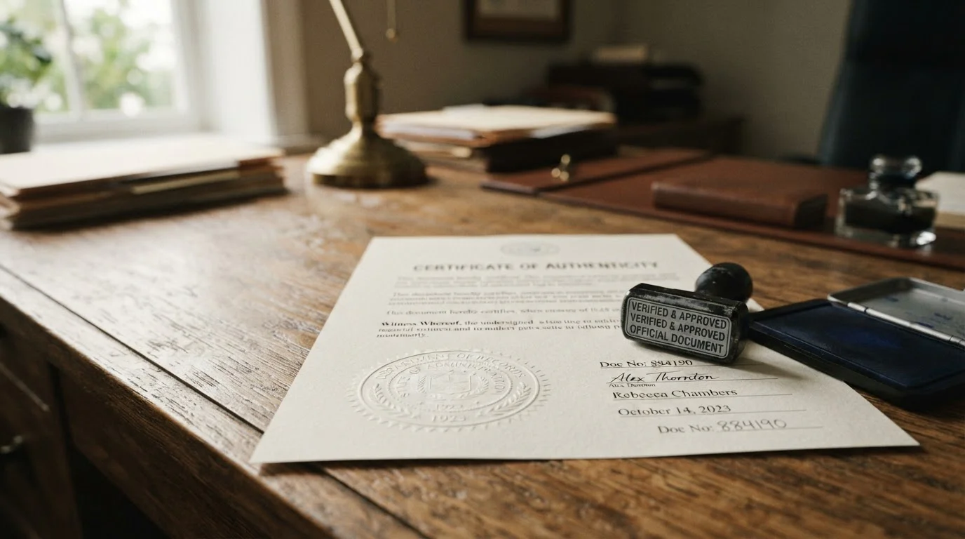 Documento oficial con sello administrativo y tampón sobre escritorio de madera con luz natural