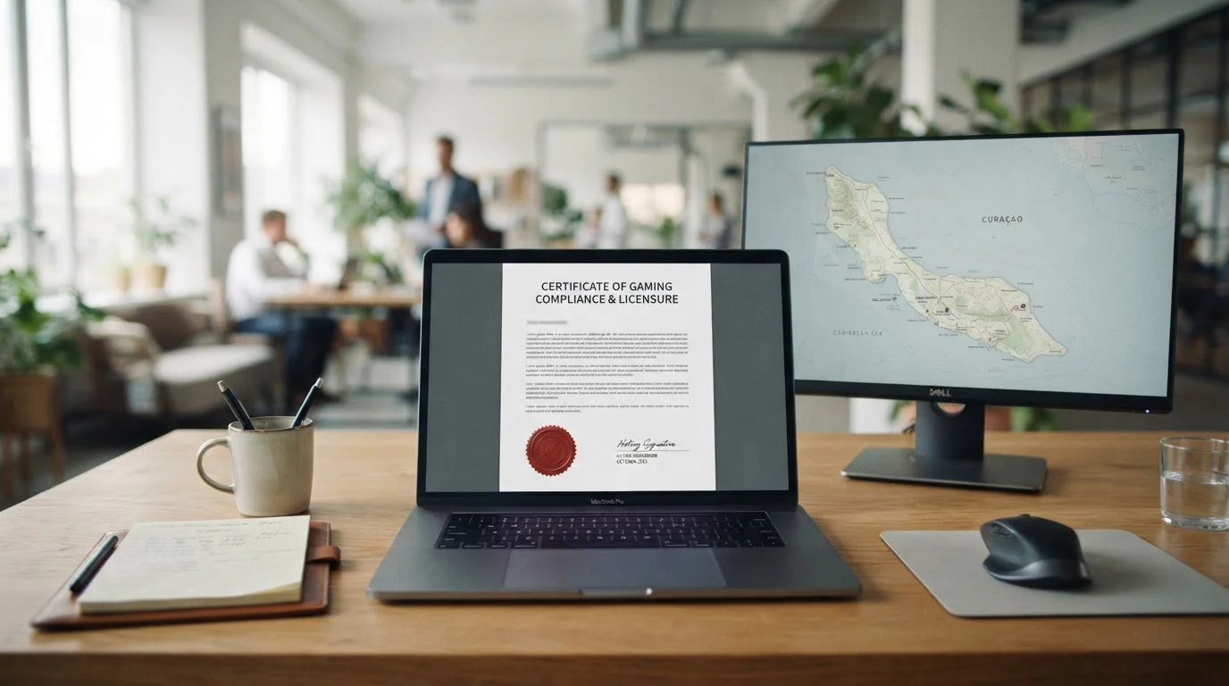 Documento de licencia Curaçao y sello de regulación en escritorio profesional con laptop