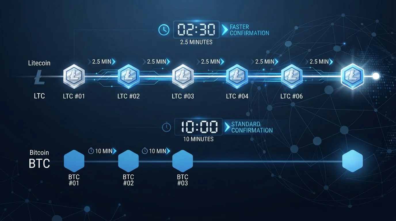 Visualización de blockchain Litecoin con bloques confirmándose cada 2,5 minutos frente a Bitcoin 10 minutos