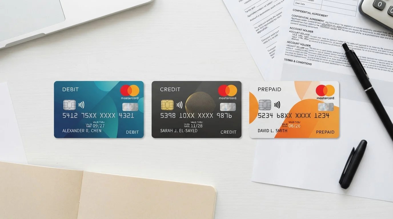 Tres tipos de tarjetas Mastercard sobre escritorio con documentación bancaria