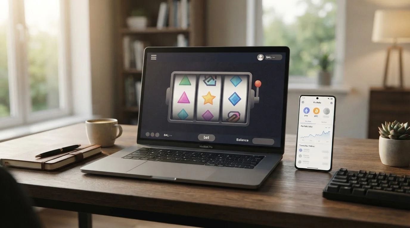 Laptop y móvil mostrando interfaz de casino sin cuenta y wallet cripto en España
