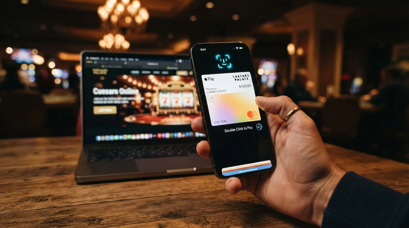 Mano sosteniendo iPhone con Face ID activado sobre interfaz de pago