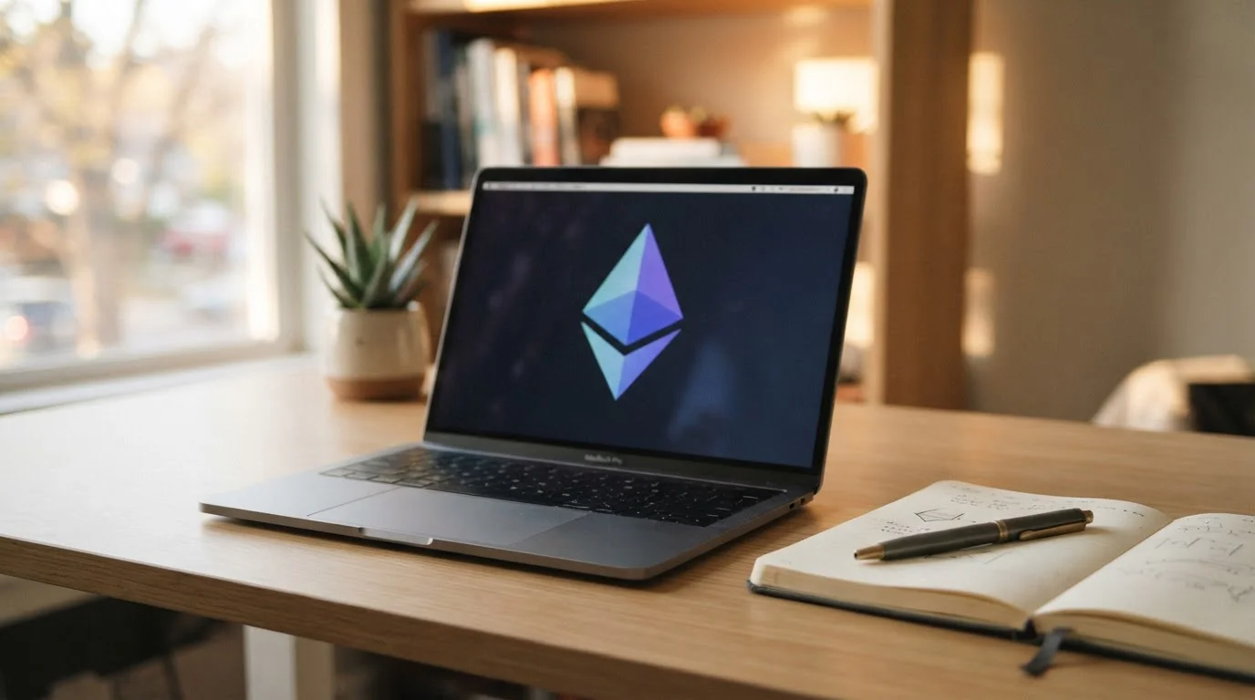 Laptop mostrando Ethereum en escritorio moderno para jugadores españoles