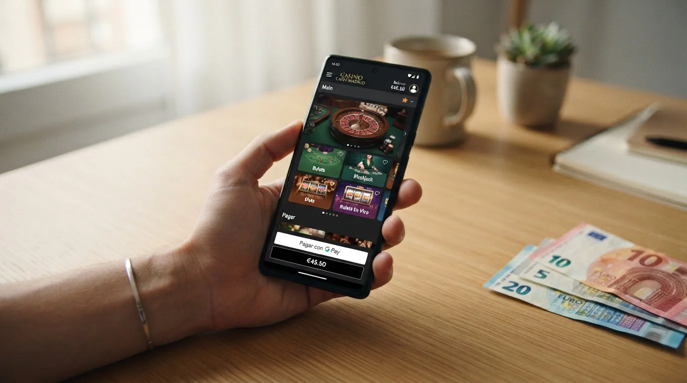 Smartphone mostrando app de casino con interfaz Google Pay en pantalla táctil