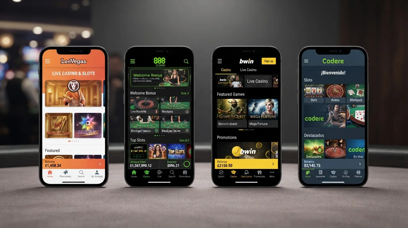 Collage de apps nativas de casinos: LeoVegas, 888 Casino, bwin, Codere en pantallas de móvil
