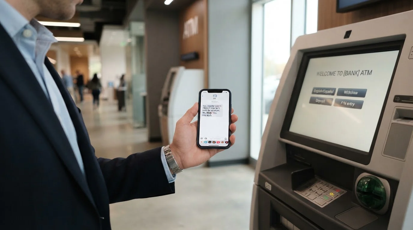 Persona retirando efectivo en cajero automático con código SMS desde smartphone