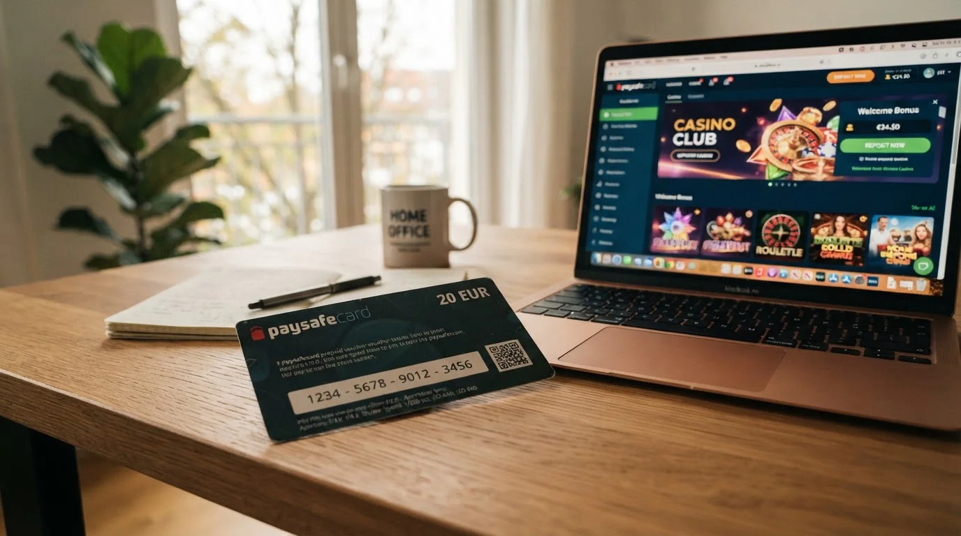 Tarjeta prepago Paysafecard con PIN de 16 dígitos sobre escritorio moderno junto a ordenador portátil