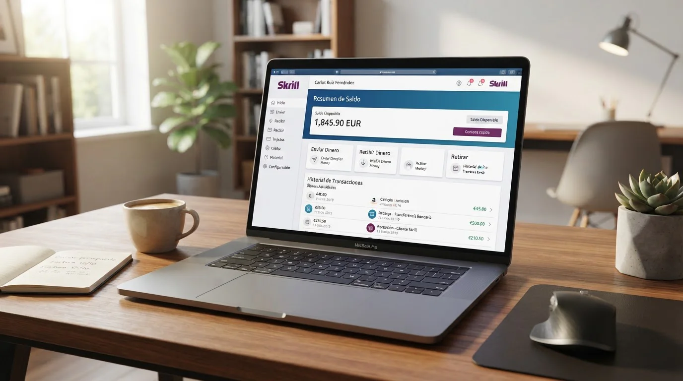 Interfaz de cuenta Skrill mostrando saldo y opciones de pago en pantalla de ordenador