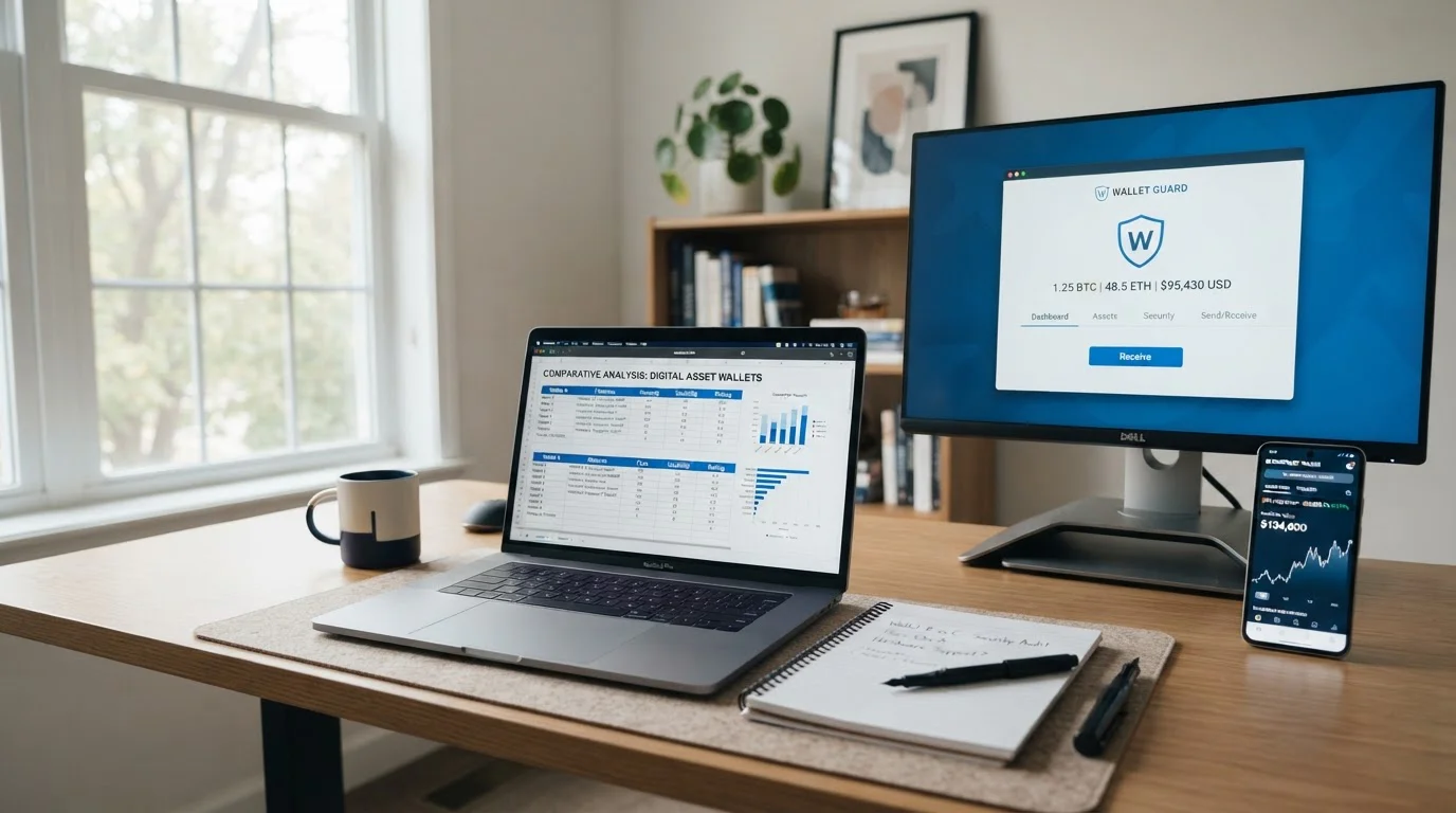 Escritorio moderno con laptop mostrando comparación de casinos cripto y billetera digital