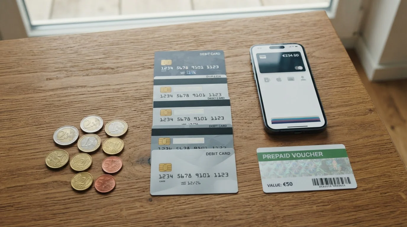 Composición plana de varios métodos de pago incluyendo tarjetas bancarias, smartphone, cupón prepago y monedas de euro sobre superficie de madera
