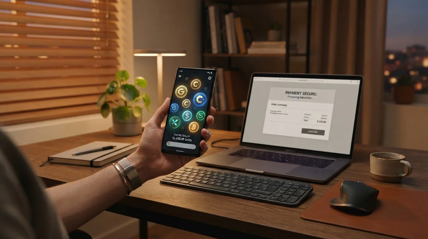Símbolos abstractos de criptomonedas en pantalla de móvil con laptop mostrando interfaz de pago neutral