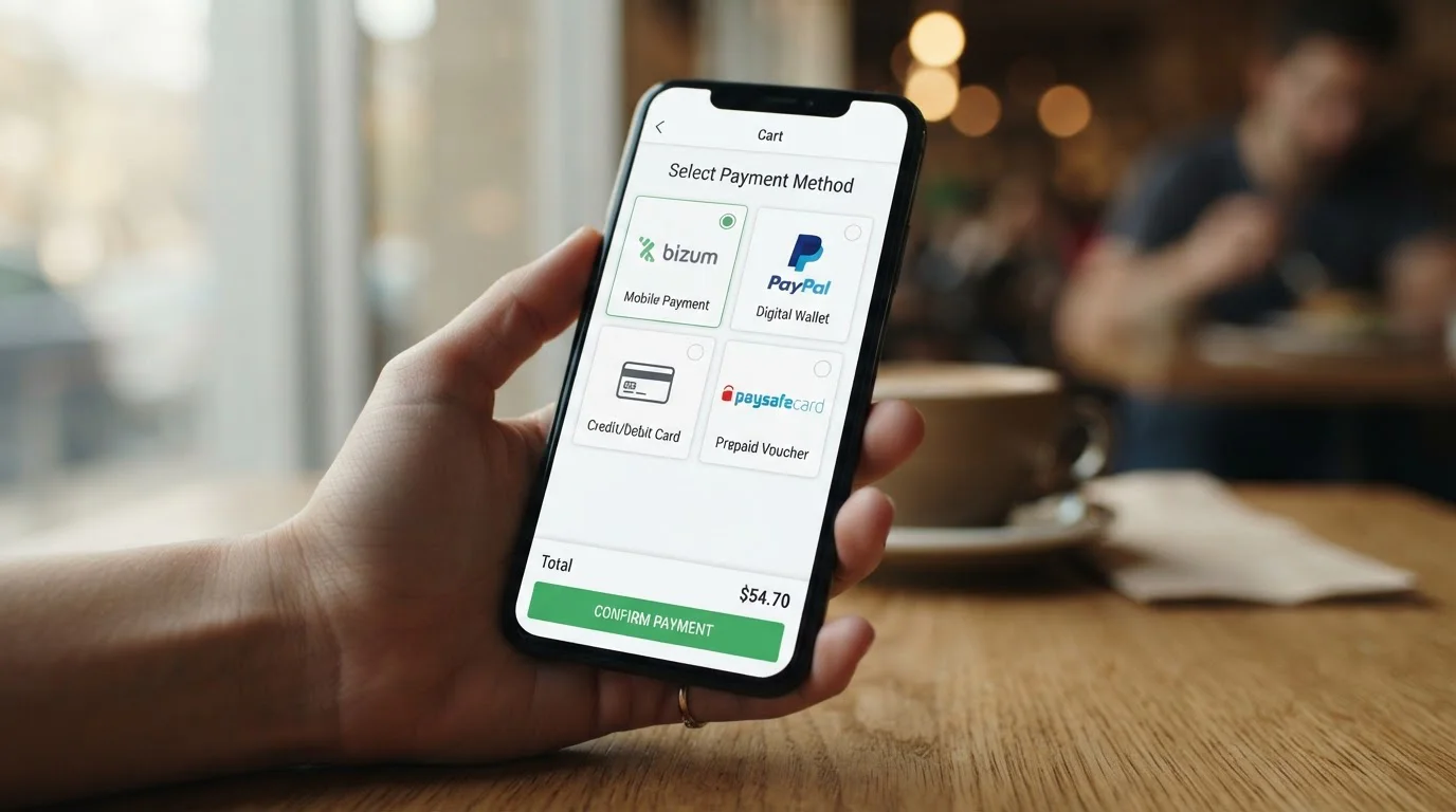 Pantalla de smartphone con opciones de pago: Bizum, PayPal, tarjeta, Paysafecard