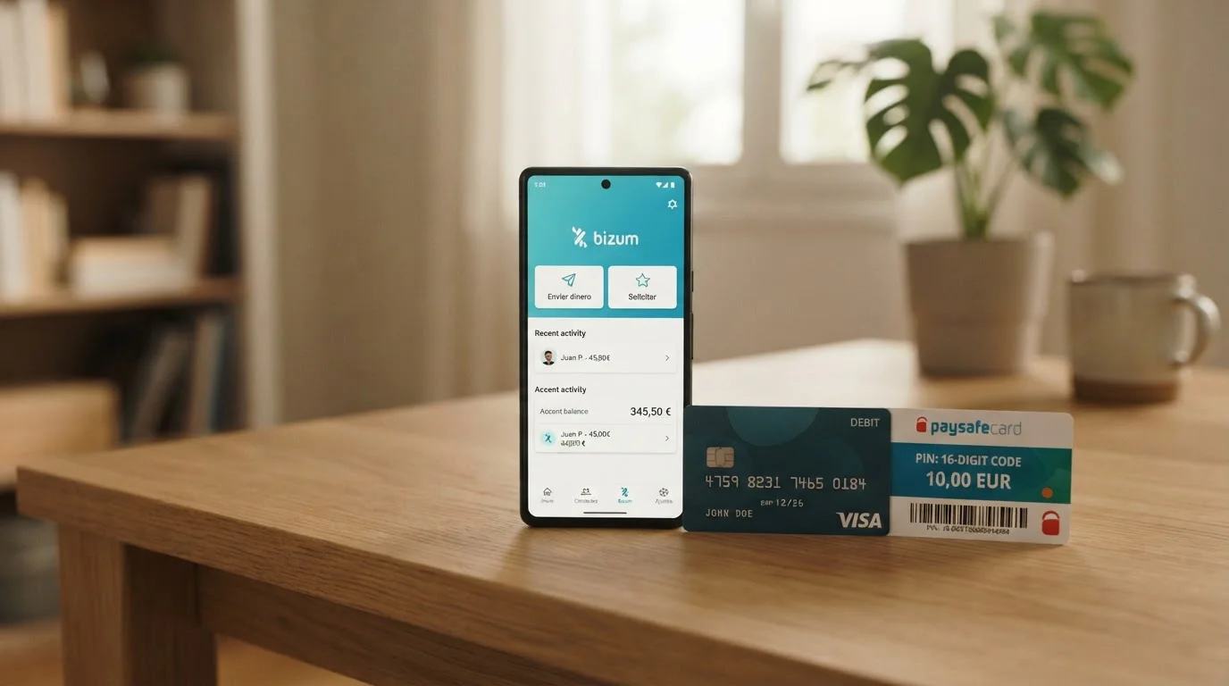Teléfono móvil mostrando aplicación Bizum junto a tarjeta bancaria y cupón Paysafecard sobre escritorio