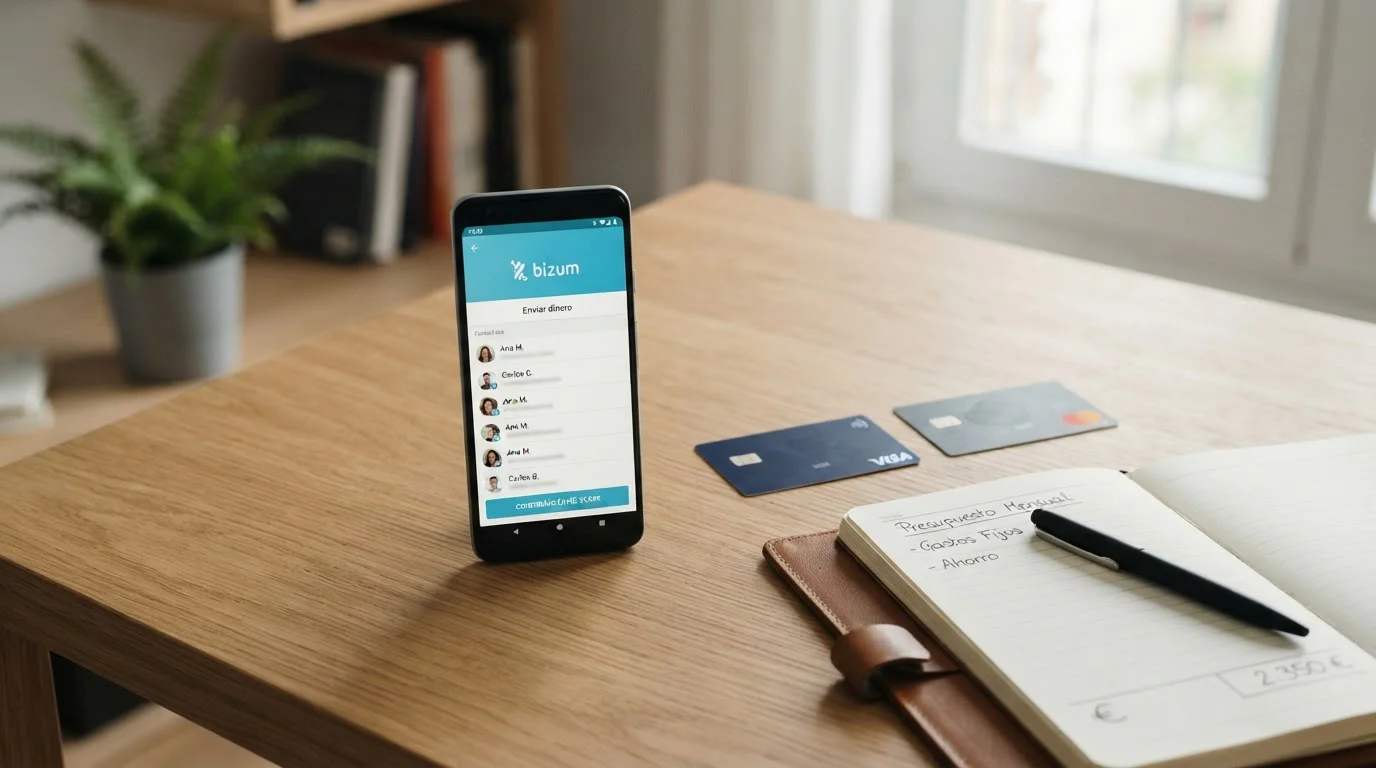 Interfaz de Bizum en smartphone junto a tarjetas bancarias sobre mesa