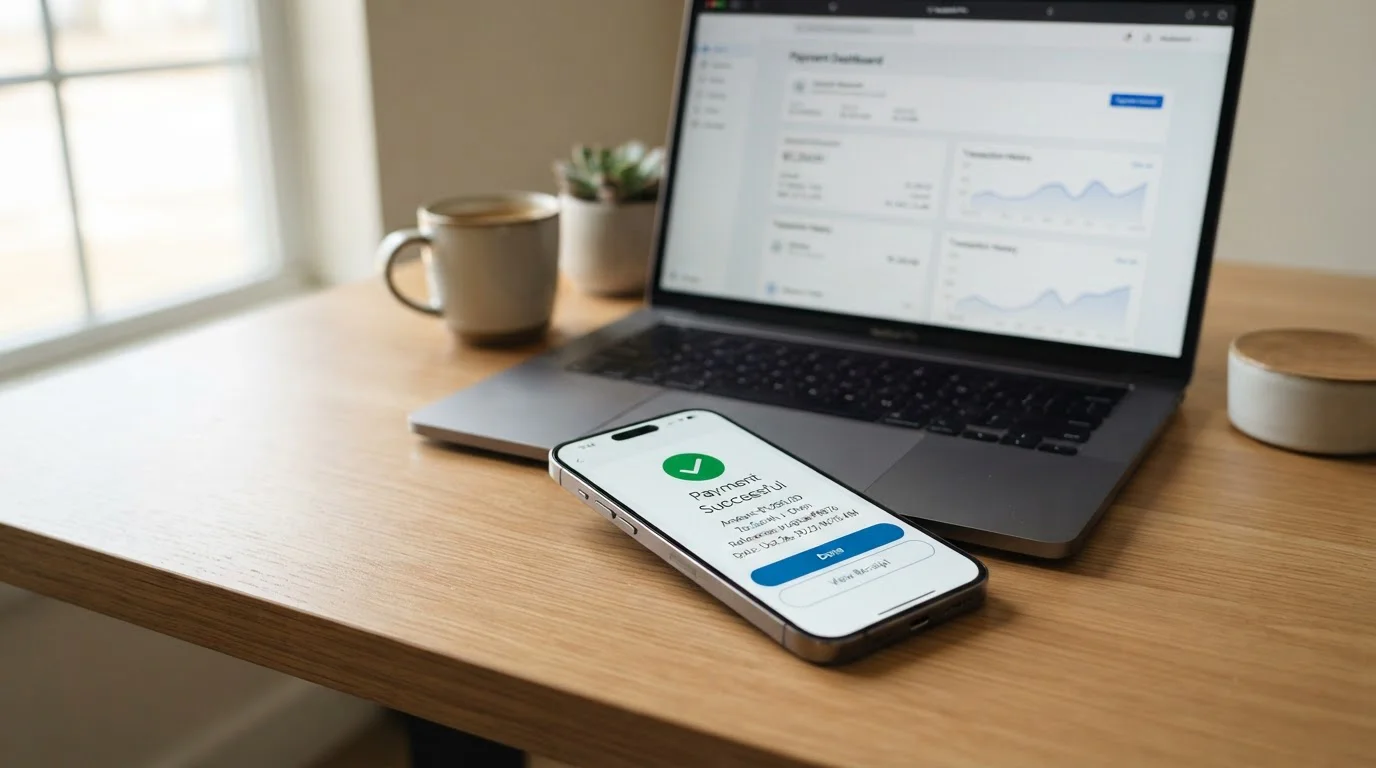 Smartphone mostrando transferencia bancaria completada desde casino online