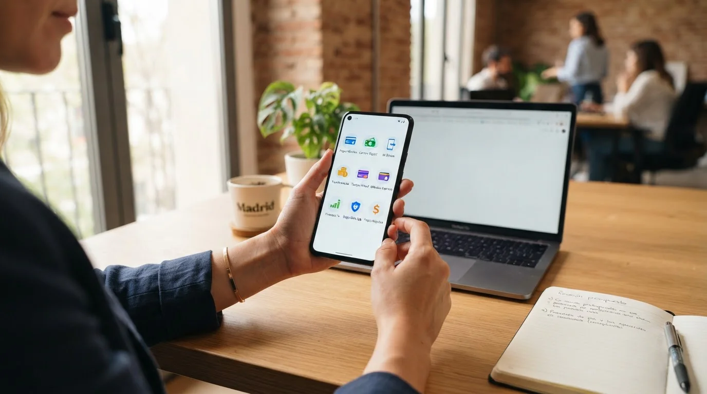 Persona usando smartphone con aplicaciones de PayPal y Skrill abiertas en pantalla