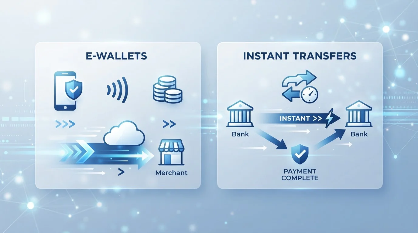 Comparativa visual de monederos electrónicos PayPal y Skrill con iconos de velocidad