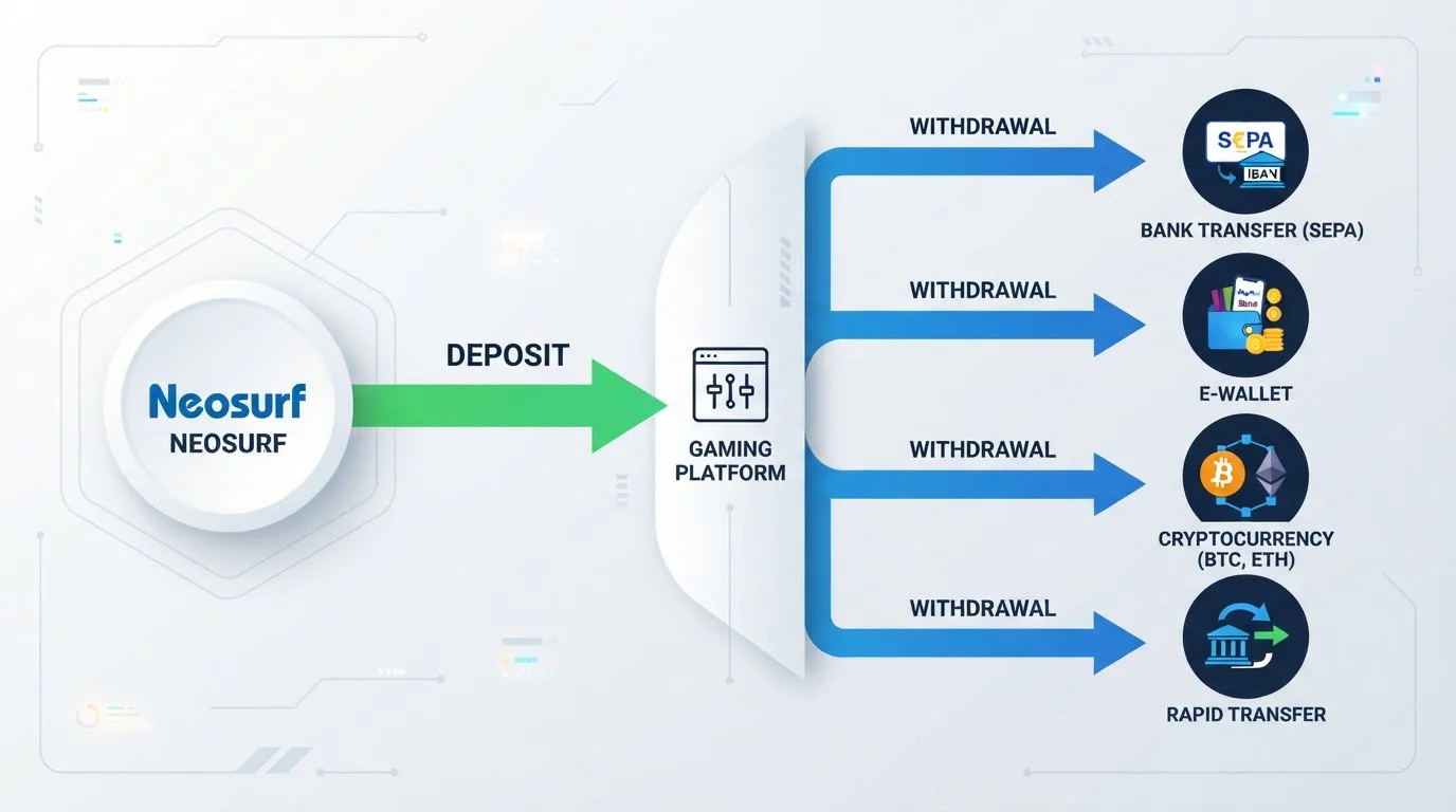 Diagrama de flujo mostrando Neosurf para depósito con flecha verde y múltiples métodos alternativos para retiro: SEPA, Skrill, cripto