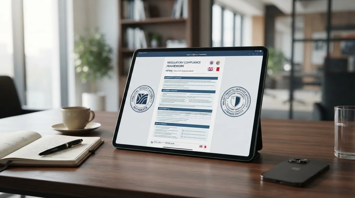 Documentación de regulación FCA y MFSA con logo de MiFinity en tablet