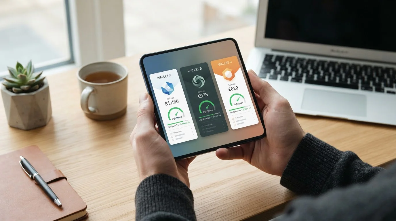 Monederos electrónicos PayPal Skrill Neteller en pantalla de smartphone con iconos de velocidad
