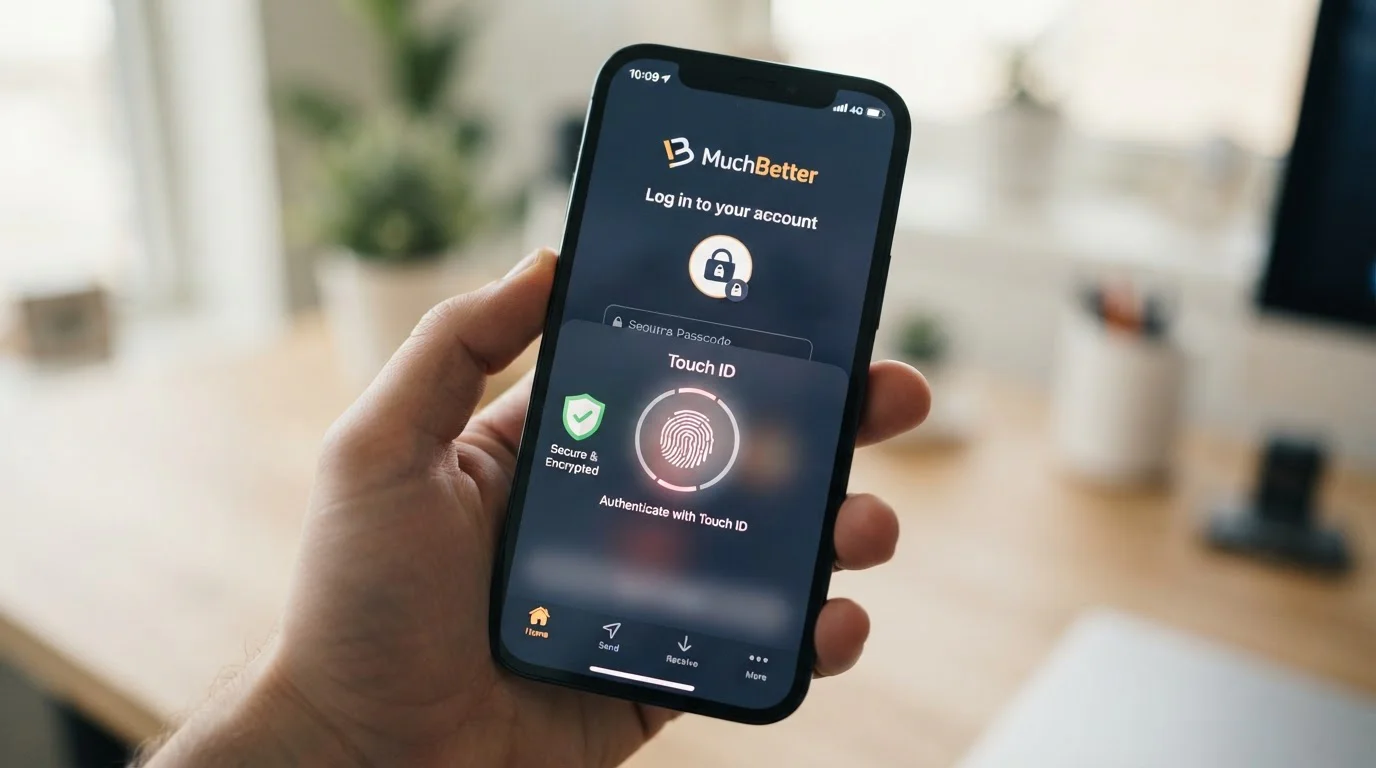 Smartphone con app MuchBetter mostrando Touch ID y icono seguridad