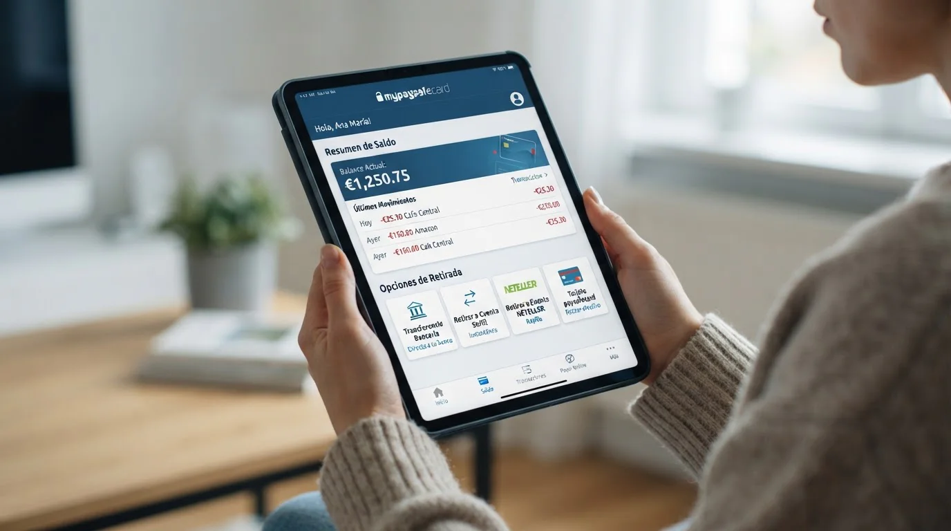 Cuenta myPaysafeCard mostrando saldo disponible y opciones de retirada en pantalla