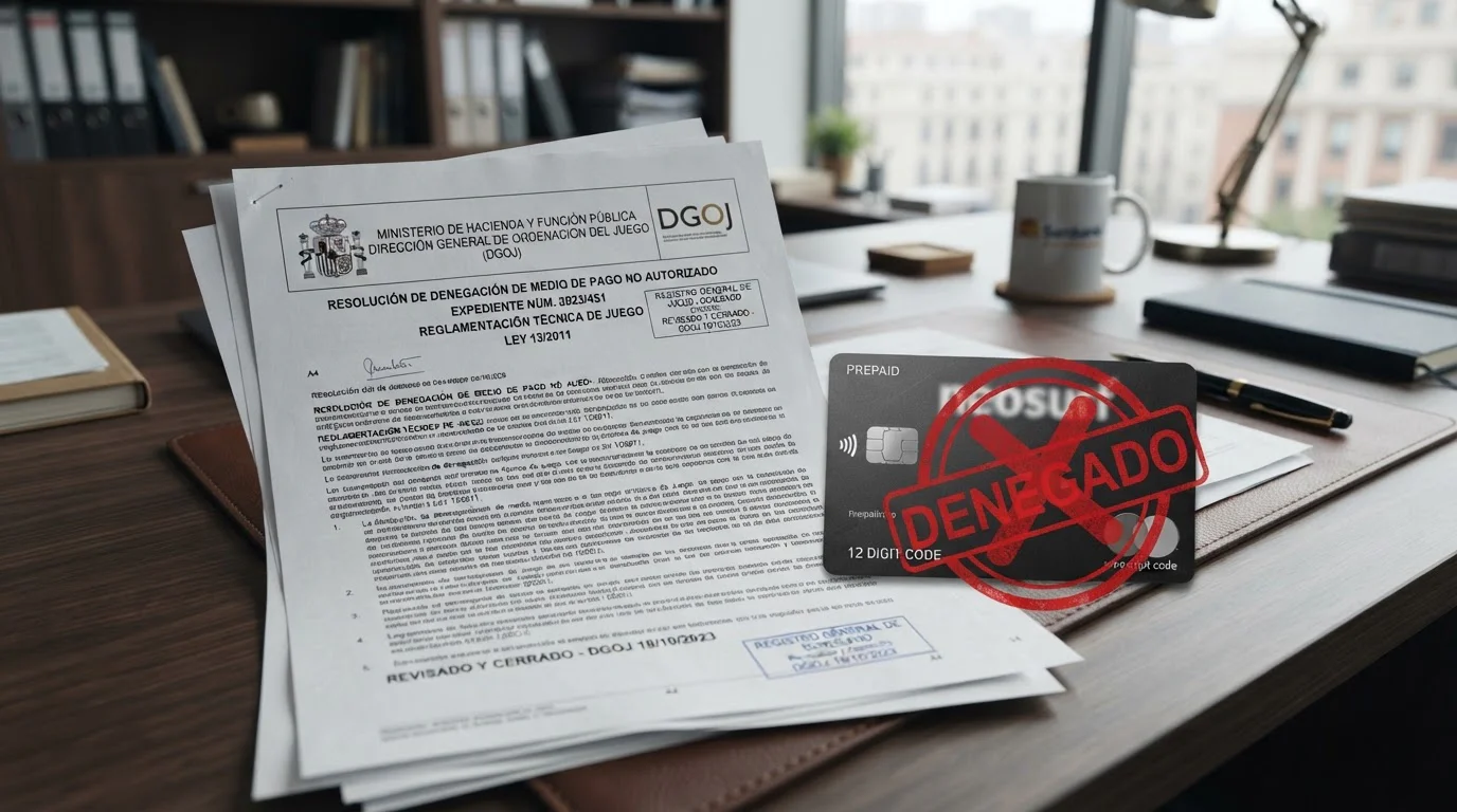 Documento de regulación española DGOJ junto a tarjeta Neosurf rechazada en interfaz de casino