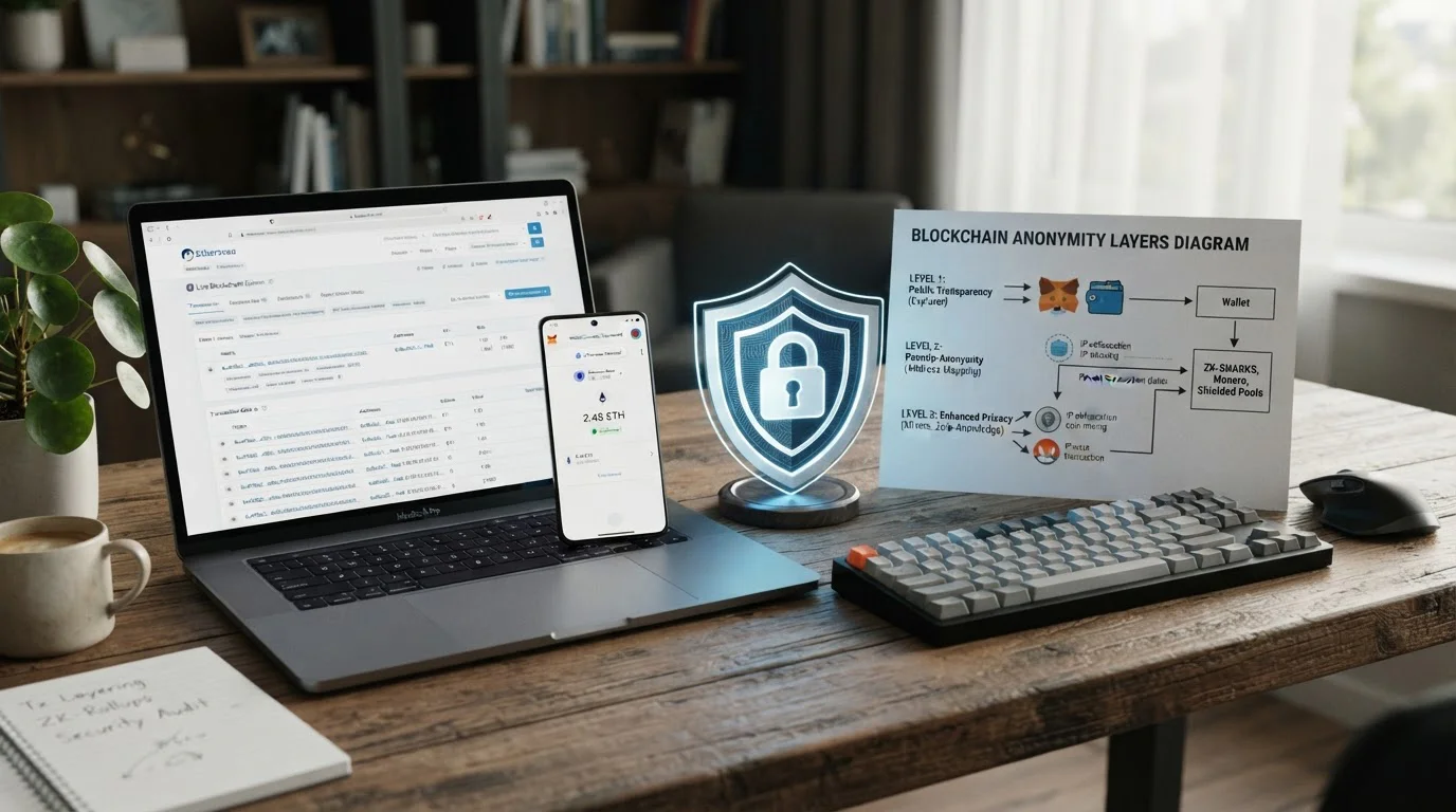 Diagrama conceptual de niveles de privacidad en blockchain y wallets Web3