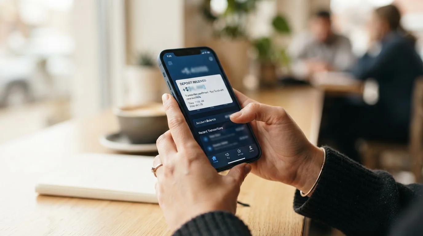 Manos de persona sosteniendo smartphone con app bancaria mostrando notificación de ingreso recibido