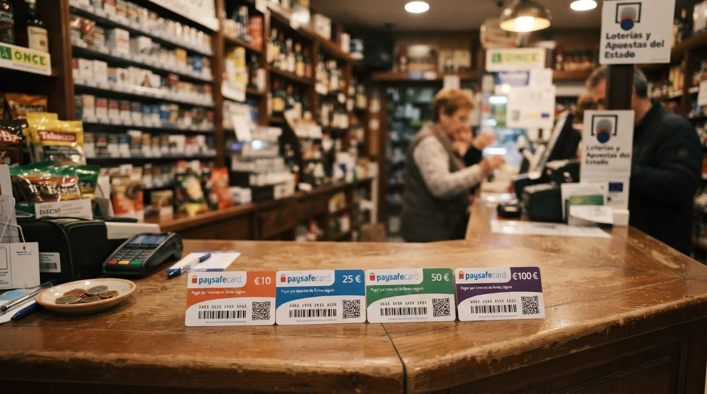 Cupones Paysafecard de diferentes denominaciones junto a punto de venta en estanco español