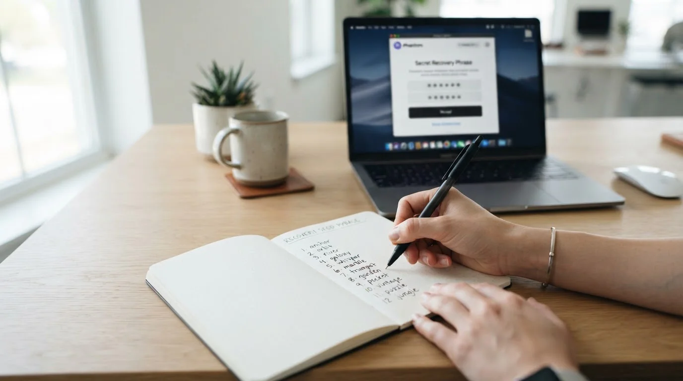 Manos escribiendo frase de recuperación de 12 palabras en cuaderno sobre mesa limpia con laptop mostrando Phantom wallet
