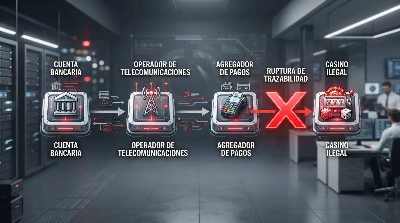 Diagrama mostrando cadena de trazabilidad rota: banco → operador telefónico → agregador → casino