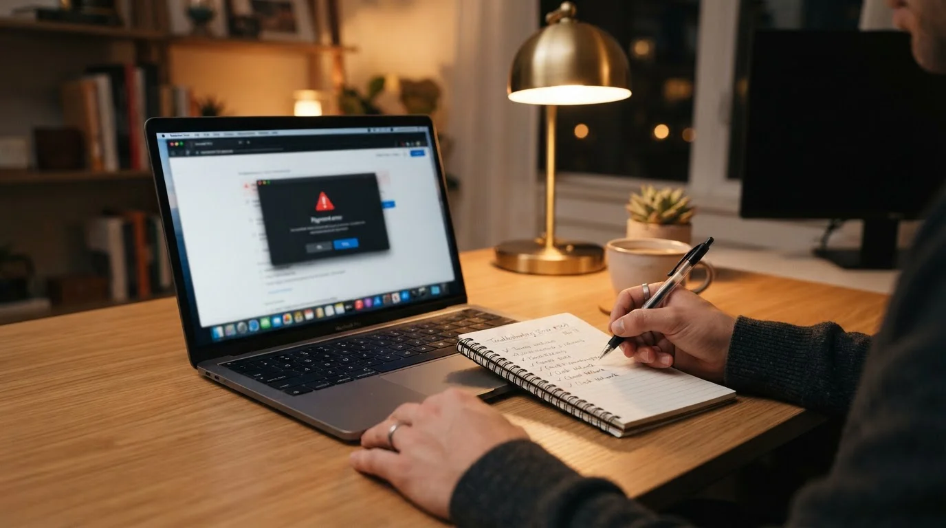 Pantalla de error de pago con icono de alerta y checklist de verificación al lado