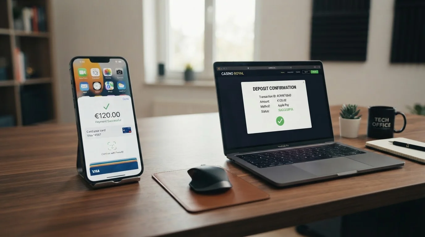 Secuencia de pantallas: cajero casino, sheet Apple Pay, Face ID