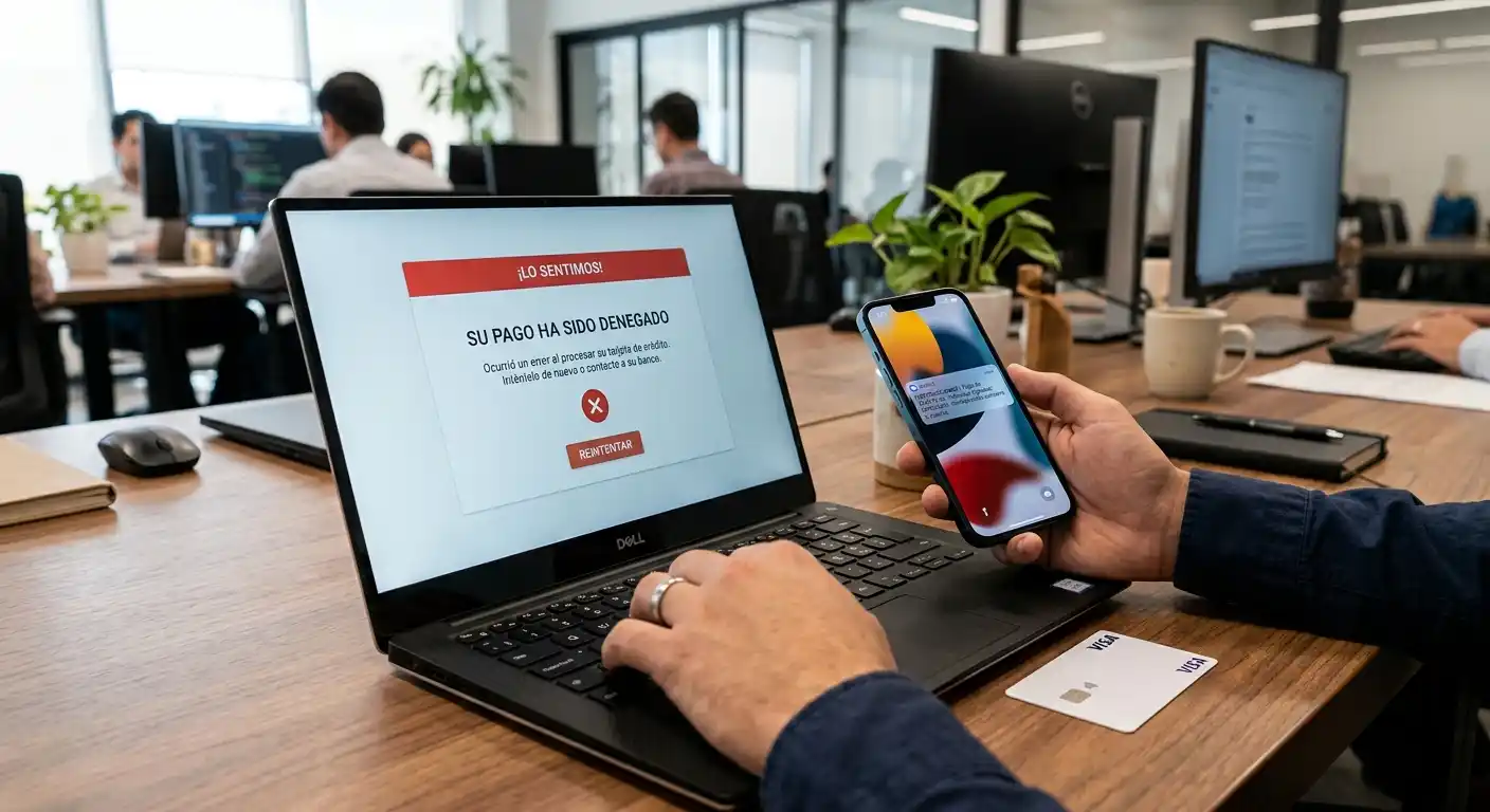 Pantalla de error de transacción rechazada en casino online